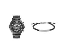 FOSSIL Men's Nate Grey Stainless Steel Watch and Ellis Black Semi-Precious Bracelet, Set