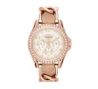 FOSSIL Riley Multifunction Rose-Tone and Sand Watch, Women's Analogue Quartz Wrist Watch, with Light Brown Leather Band and Rose Gold Stainless Steel Case in Gift Box, Water Resistant