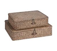 FOSSORH Set of 2 Flat Woven Wicker Storage Bins with Lid Natural Seagrass Basket Boxes Multipurpose Home Organizer Bins Boxes for Shelf Organizer (Coffee)