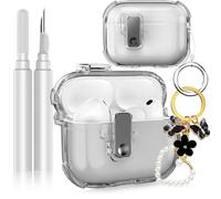 Fotbor for AirPods Pro 3 2025 Case with Secure Lock, Soft Clear TPU Cover with Earbuds Cleaner & Cute Girly Keychain, Anti-Scratch [Airbag] Military Grade Drop Protection - Black