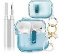 Fotbor for AirPods Pro 3 2025 Case with Secure Lock, Soft Clear TPU Cover with Earbuds Cleaner & Cute Girly Keychain, Anti-Scratch [Airbag] Military Grade Drop Protection - Blue