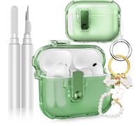 Fotbor for AirPods Pro 3 2025 Case with Secure Lock, Soft Clear TPU Cover with Earbuds Cleaner & Cute Girly Keychain, Anti-Scratch [Airbag] Military Grade Drop Protection - Green