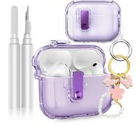 Fotbor for AirPods Pro 3 2025 Case with Secure Lock, Soft Clear TPU Cover with Earbuds Cleaner & Cute Girly Keychain, Anti-Scratch [Airbag] Military Grade Drop Protection - Purple
