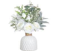 FOTEEWL Artificial Flowers with Ceramic Vase,Faux Silk Roses and Fake Plant Eucalyptus in Vase for Centerpiece Table Decorations, Living Room,Dining Table,Fireplace,Office,Farmhouse,Home Decor(White)