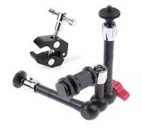 FOTGA Upgraded Stainless Steel 11-inch Adjustable Articulating Friction Magic 3-Arms Bracket with 1/4 Thread Cold Shoe + Super Clamp KIT for DSLR Rig Camera LCD Monitor LED Video Light Microphone