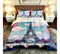 Fotmung 3 Piece Comforter Set Animated Eiffel Tower, 4-Season Cotton Filled Comforter with 2 Printed Pillowcases (19" x 29"), All-Year Microfibre Bedding for Home Comfort, Set-F80