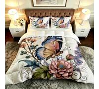 Fotmung 3 Piece Comforter Set Butterfly Flowers, 4-Season Cotton Filled Comforter with 2 Printed Pillowcases (19" x 29"), All-Year Microfibre Bedding for Home Comfort, Set-F228