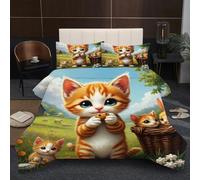 Fotmung Comforter Set King Size 94" x 86" Cartoon Cat Yellow, 3 Piece Soft Comforter Microfiber Duvet King Size, Breathable Bedding Quilt Set with 2 Pillowcases (19" x 29")