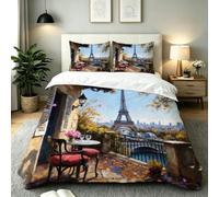 Fotmung Double Bed Set 78" x 78" 3D Eiffel Tower Youth, 3-Piece Set with 1 Quilt Covers + 2 Pillowcases 19" x 29", Luxury Soft Fabric Wrinkle-Free Easy Maintenance for Bedroom Decor-E166