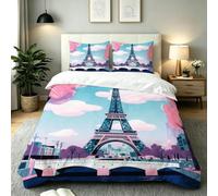 Fotmung Double Bed Set 78" x 78" Animated Eiffel Tower, 3-Piece Set with 1 Quilt Covers + 2 Pillowcases 19" x 29", Luxury Soft Fabric Wrinkle-Free Easy Maintenance for Bedroom Decor-E80