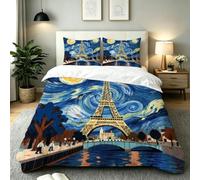 Fotmung Double Bed Set 78" x 78" Blue Starry Sky Eiffel Tower, 3-Piece Set with 1 Quilt Covers + 2 Pillowcases 19" x 29", Luxury Soft Fabric Wrinkle-Free Easy Maintenance for Bedroom Decor-E78