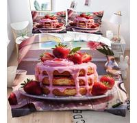 Fotmung Double Bed Set 78" x 78" Pink Cake And Strawberries, 3-Piece Set with 1 Quilt Covers + 2 Pillowcases 19" x 29", Luxury Soft Fabric Wrinkle-Free Easy Maintenance for Bedroom Decor-A194