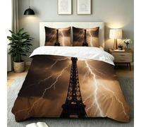 Fotmung Double Duvet Set Eiffel Tower Lightning, Microfiber Soft Bedding Double Bed Cover Set with Zipper Closure + 2 Pillowcases, Breathable Quilt Covers for Home Decor - 200 x 200 cm-E115
