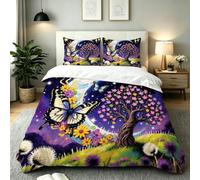 Fotmung Duvet Cover Set 53" x 79" Purple Moon Butterfly, Microfiber Bedding with Corner Ties + Hidden Zipper, 3D Printed Design for Kids Teens Bedroom, Breathable Easy Care Durable Decor-E30