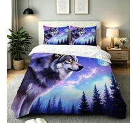 Fotmung Duvet Cover Set 53" x 79" Purple Wolf Moon, Microfiber Bedding with Corner Ties + Hidden Zipper, 3D Printed Design for Kids Teens Bedroom, Breathable Easy Care Durable Decor-E148