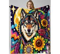 Fotmung Flannel Blanket Colorful Wolf Flowers, Single-Sided Print, Double-Sided Plush - Soft Warm Throw for Sofa, Bedroom, Small Spaces, Compact 40"x50" Size for Daily Snuggling, All Season-F42