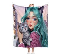 Fotmung Flannel Throw Blanket Animated Girl And Cat, Double-Sided Plush - 40"x50" Medium Throw for Sofa, Bedroom, Home Office, Soft Texture for Relaxing, Unwinding, Easy to Clean, Maintain-A38