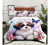 Fotmung King Size Comforter Set 90" x 86" Animal Dog Flower, Ultra Soft Microfiber Duvet King Size, Luxurious Bedding Quilt Set with 2 Pillowcases for Adults Teens-A247