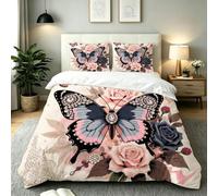 Fotmung Single Bedding Sets Kids 3D Butterfly Flowers, Soft Microfiber Duvet Cover Single for Teens Adults, Easy Care Ultrasoft 1 Quilt Covers + 2 Pillowcases 50x75 cm - 135x200 cm-E25