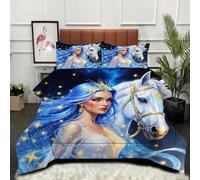 Fotmung Super King Duvet 102" x 86" Blue Girl Horse, Super Quality Microfiber Quilt with 2 Pillowcases, Premium 3D Printed Super King Comforter for Holiday Birthday Gift-A35