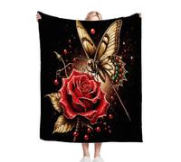 Fotmung Throw Blankets Kids 100x130 cm Black Rose And Butterfly, 3D Super Soft Blanket Flannel Throws 130 x 100 cm for All Season, Microfiber Warm Flannel Bed Blanket for Kids Boy Girl-A77