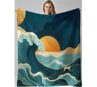 Fotmung Throw Blankets Kids 100x130 cm Wave Sunset, 3D Super Soft Blanket Flannel Throws 130 x 100 cm for All Season, Microfiber Warm Flannel Bed Blanket for Kids Boy Girl-F345