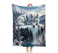 Fotmung Throw Blankets Kids 100x130 cm White 3D Wolf, 3D Super Soft Blanket Flannel Throws 130 x 100 cm for All Season, Microfiber Warm Flannel Bed Blanket for Kids Boy Girl-A13