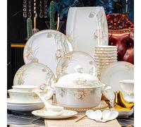 FOTN 56 Pieces Dinnerware Set, Luxury Modern Porcelain Kitchen Tableware set Ceramics Dinner Dish Rice Bowl Plates Spoon Chopsticks Fish Plate Soup Pot For 10 People, Family Friend Party
