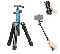 Fotopro 55" Lightweight Compact Travel Tripod, Multifunctional Mini Tripod with Aluminum Ball Head Phone Mount Detachable Selfie Stick, Folded only 8.6" Max Load up to 6.6 lbs (Blue)