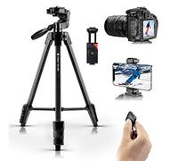 Fotopro 56" Camera Tripod Phone Tripod, Lightweight Compact Travel Tripod with 3 Way Pan Tilt Head Cold Shoe Phone Holder Remote Carry Bag, Tripod for iPhone DSLR
