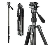 Fotopro 59" Carbon Fiber Travel Tripod, Compact Video Tripods with Fluid Head, Detachable Monopod with Quick Release Plate and Bag, Camera Tripod Load up to 8KG/17.63lbs X-go E2 Video Grey