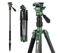 Fotopro 59" Carbon Fiber Travel Tripod with Fluid Head Detachable Monopod with Quick Release Plate and Bag Camera Tripod Load up to 8KG/17.63lbs X-go E2 Video Green