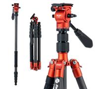 Fotopro 59" Carbon Fiber Travel Tripod with Fluid Head Detachable Monopod with Quick Release Plate and Bag Camera Tripod Load up to 8KG/17.63lbs X-go E2 Video Orange