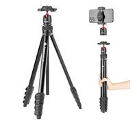 Fotopro 64” Camera Tripod, 2-in-1 Compact Phone Tripod with Hidden Cold Shoe Phone Clip, Portable Travel Tripod with Fluid Video Head, 1.5lbs Lightweight Aluminum Tripods Max Load 6.6lbs