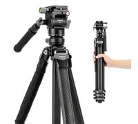 Fotopro Compact Carbon Fiber Travel Tripod, 154cm Profile Legs, Professional Heavy-Duty Tripod, Maximum Load of 20kg, Large Fluid Head, Waterproof Cover, Origin+MH-4L, Black