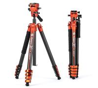 Fotopro X-Airfly Video 64.5 Inch Lightweight Travel Camera Tripod with Fluid Head Panoramic Ball Head 2.95lb Expandable Portable Compact Carbon Fiber Tripod for Camera DSLR Load up to 33lb Orange