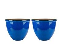 FotoStation 2 Pack | 30cm Dark Blue Glazed Effect Round Plastic Plant Pots | Ceramic Look Garden Plant Pot | Weather Resistant Indoor and Outdoor Decorative Planter | Modern Flower Pots