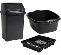 FotoStation - 3-Piece Combo 50L Swing Bin with Large Dish Drainer & Rectangular Washing Up Bowl Multi-Purpose Plastic Waste Bin, Wash Basin & Dish Drying Rack for Home & Office (Midnight Greyish)