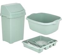 FotoStation - 3-Piece Combo 50L Swing Bin with Large Dish Drainer & Rectangular Washing Up Bowl Multi-Purpose Plastic Waste Bin, Wash Basin & Dish Drying Rack for Home & Office (Silver Sage)