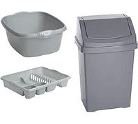 FotoStation - 3-Piece Combo 50L Swing Bin with Large Dish Drainer & Rectangular Washing Up Bowl Multi-Purpose Plastic Waste Bin, Wash Basin & Dish Drying Rack for Home & Office (Silver)