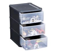 FotoStation - 3-Tier Plastic Storage Drawer Tower - Handy Black Frame with Clear Drawers, Compact Desktop Organiser 20×24.5×29 cm for Office, Crafts, Stationery & Home Storage