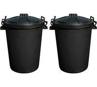 FotoStation 50L Litre Heavy Duty Plastic Clip Lock Lid Bin Bright Colour Bins Indoor or Outdoor Rubbish, Dustbin, Trash Can, Waste or Storage of Animal Feed For Home and Garden - Black (Set of 2)
