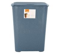 FotoStation 65L Litre Plastic Laundry Basket with Lid and Handle BLUE 65L Large Knit Design Drop All Linen Storage Washing Clothes Organiser Bin for Laundry Room, Bedroom, Bathroom