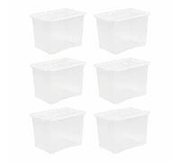 FotoStation 80L Large Crystal Storage Boxes with Lids Strong Plastic Stackable Nestable Container Home Office for Home, Office, Kitchen, Toys and Goods Made in the UK (Pack of 6)