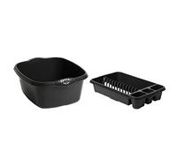 FotoStation Amazing Pack Of 39cm Rectangular Washing Up Bowl With Medium Dish Drainer Plate Rack Draining Board Tray Stand Sink Holder Kitchen Organiser Neat and Tidy Home Midnight Dark Greyish