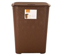 FotoStation Brown 60L Laundry Basket with Lid Knit Design Large Plastic Washing Basket with Handles 43.5 x 28 x 56cm Washing Laundry Storage Bin Tidy