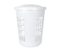 FotoStation Ice White 60L Litre Large Tall Round Deluxe Plastic Laundry Hamper Basket with Lid Cloths Washing Bedding Linen Storage Basket Strong, Sturdy & Air Permeable Design Baskets