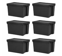 FotoStation Large 62L Black Bam Heavy-Duty Plastic Storage Box with Secure Lid Recycled Super Strong Impact Resistant Stackable Nestable Storage Organiser (Set of 6)