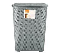 FotoStation Large 65L Litre Virgin Plastic Laundry Basket High Grade Drop All Knit Design BPA Free Storage Basket Lidded Washing Laundry Storage Bin Tidy 43.5 x 28 x 56cm (Grey)