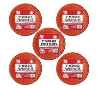 FotoStation - Pack of 5 x 150pcs - 9 Inch Neon Red Paper Plates 23cm Round Eco-Friendly Compostable Plates | Stylish for Hot & Cold Food | for Parties, Picnics, Bbqs, Birthdays, Christmas & Weddings